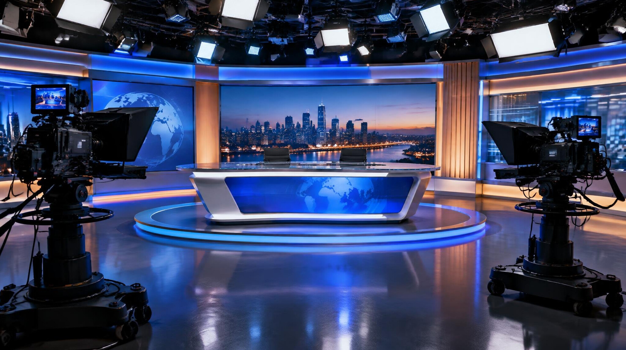 Television news studio with anchor desk, studio cameras and soft lighting