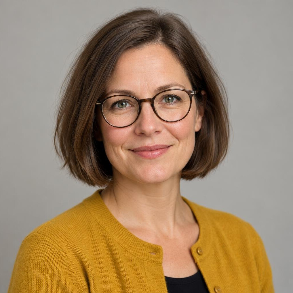 Portrait of a woman in her forties with a short bob haircut and glasses