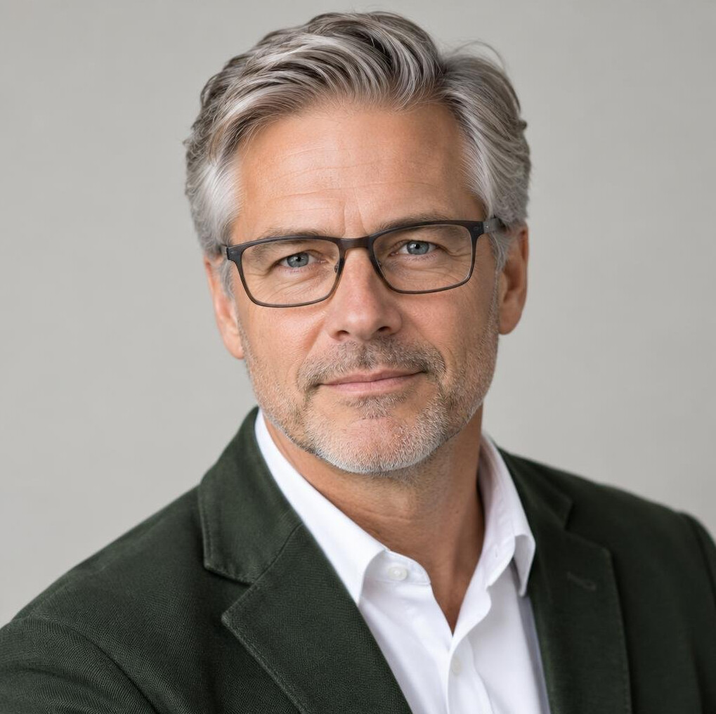 Portrait of a man in his fifties with gray hair and glasses