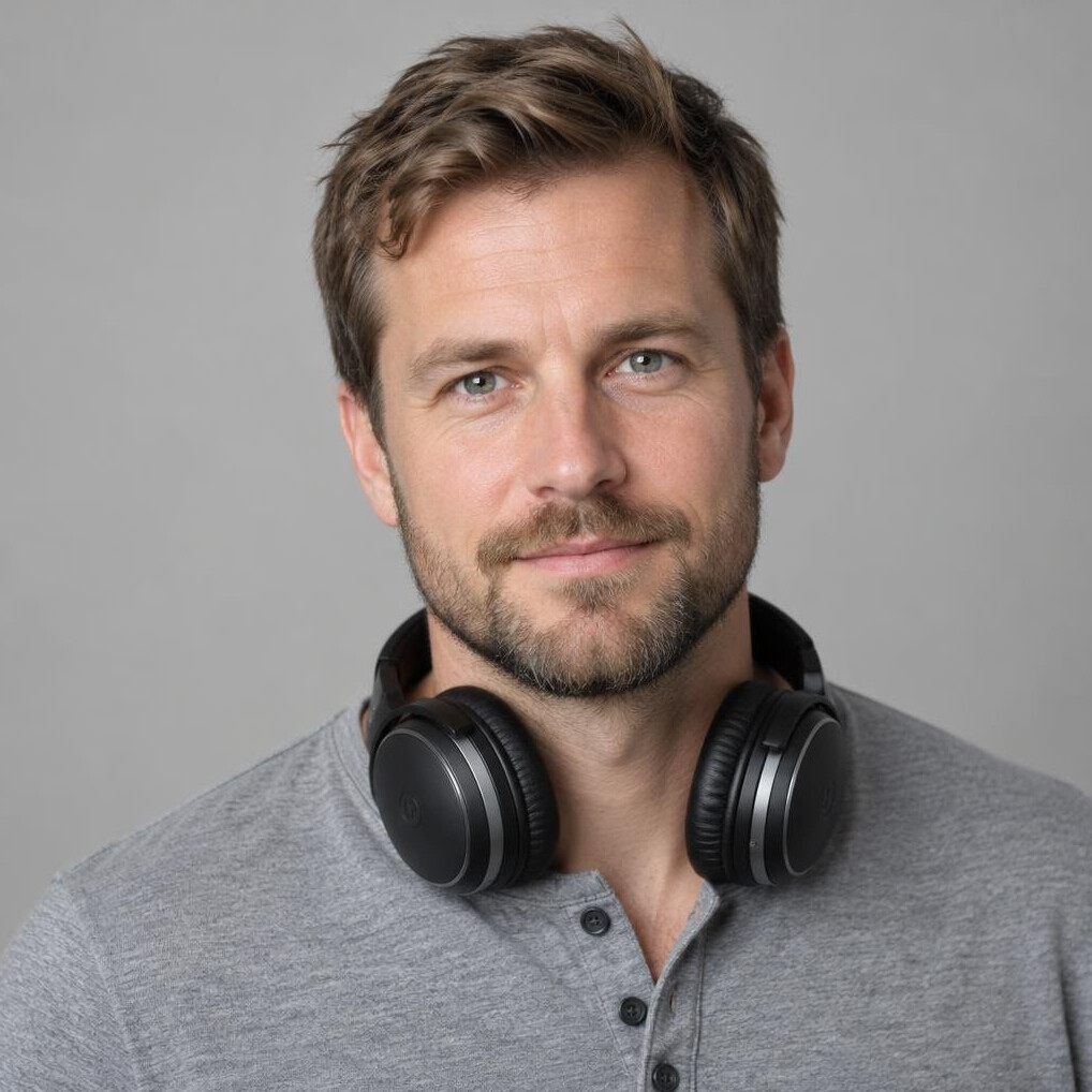 Portrait of a bearded man in his thirties wearing headphones around his neck