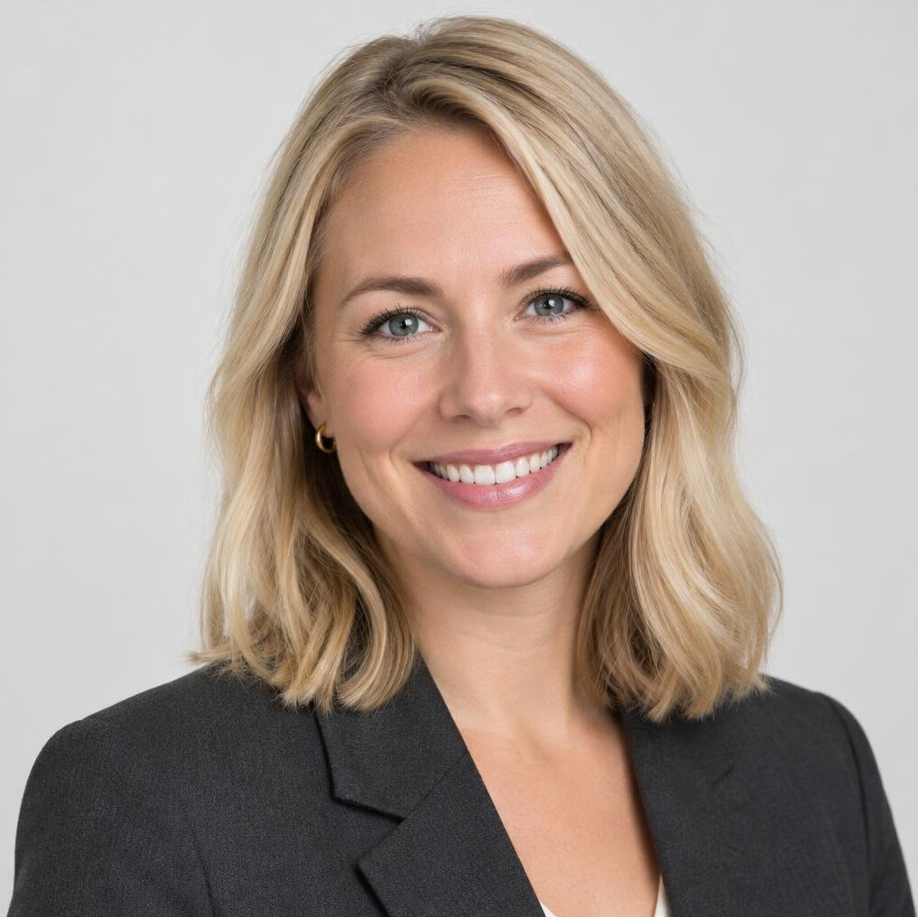 Portrait of a smiling Scandinavian woman in her thirties with shoulder-length blonde hair